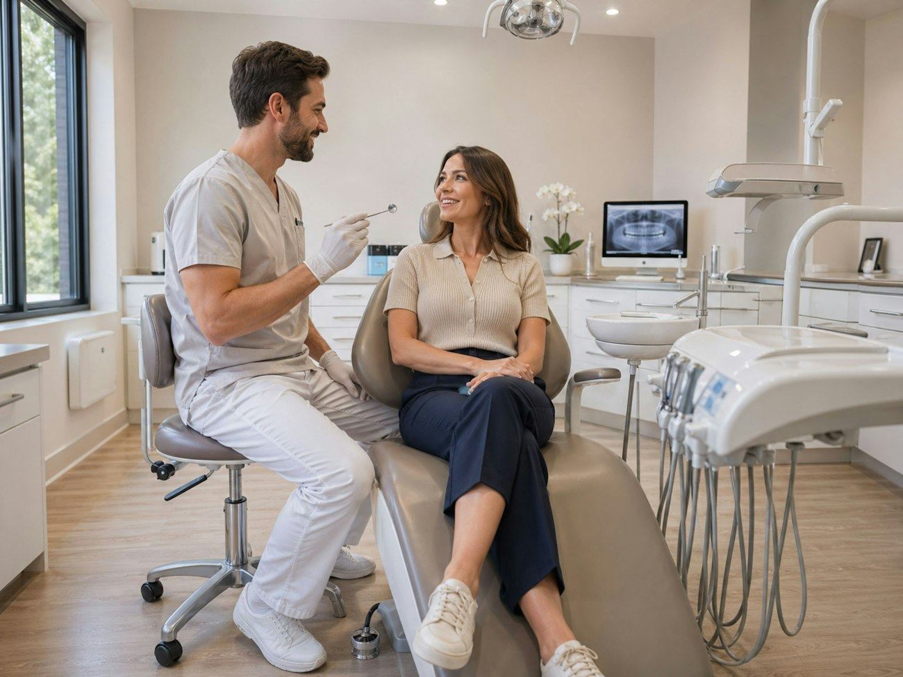 Dentist talking with a patient in a treatment room